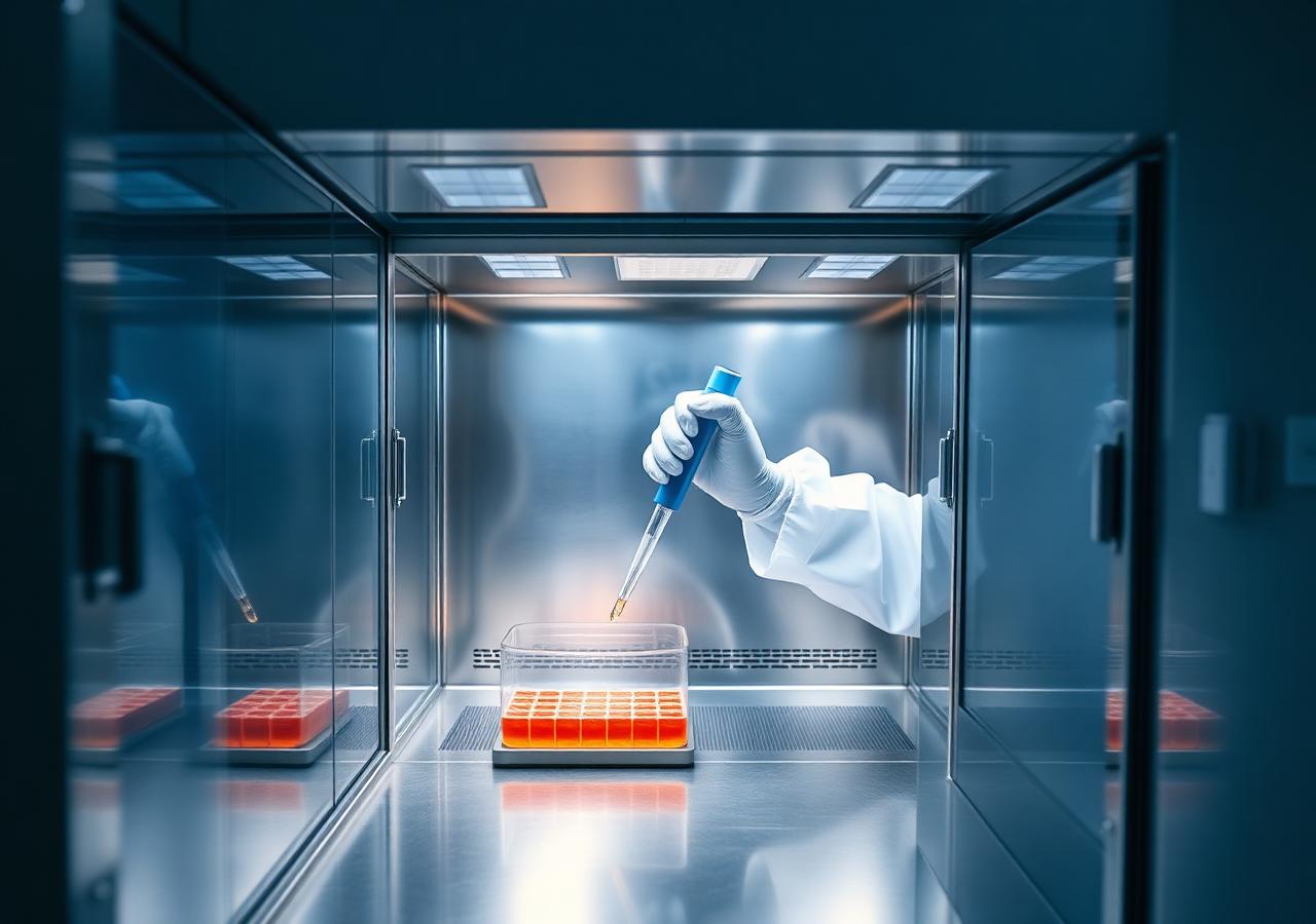 Sterile cleanroom biosafety cabinet during cell processing